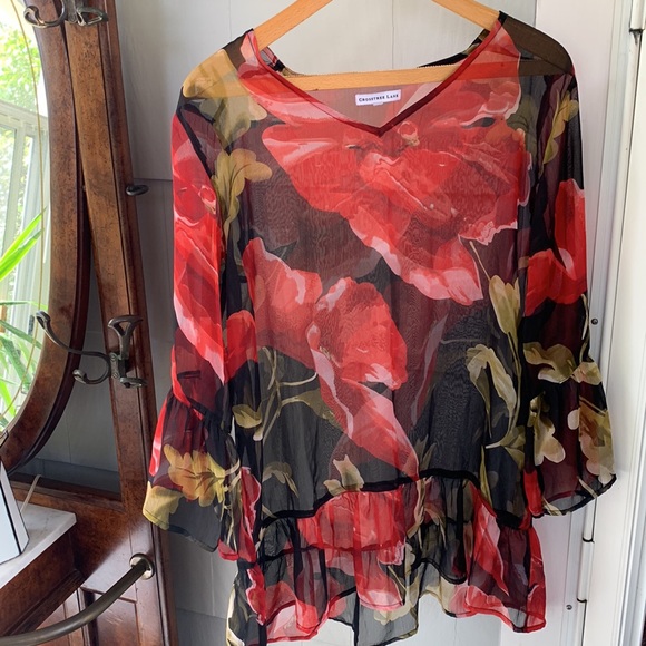Cross tree Lane Sheer Floral Blouse Peasant Romantic Style Top - Picture 2 of 6